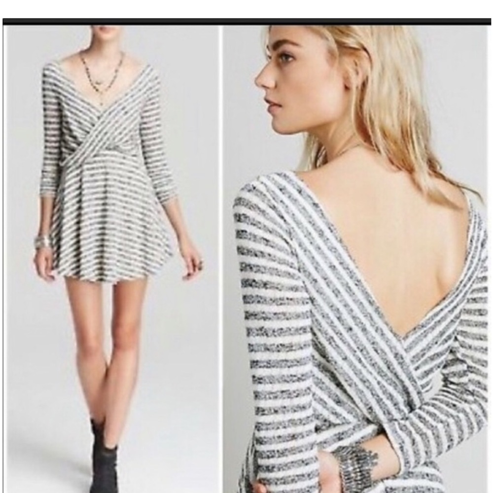 Free People black grey white striped long sleeve knit skater dress nwot XS